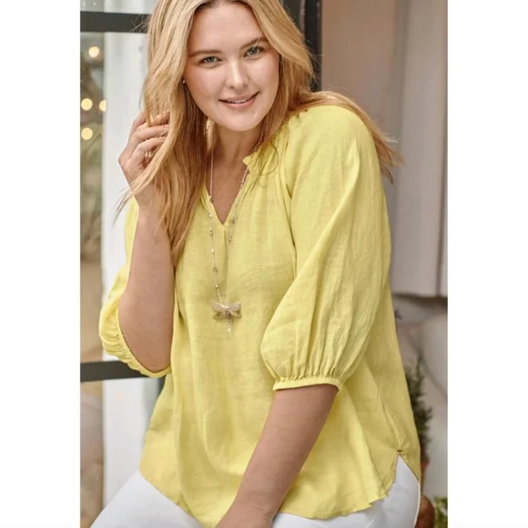 J. Jill Women's Peasant Linen Yellow Blouse Top L - Picture 1 of 6